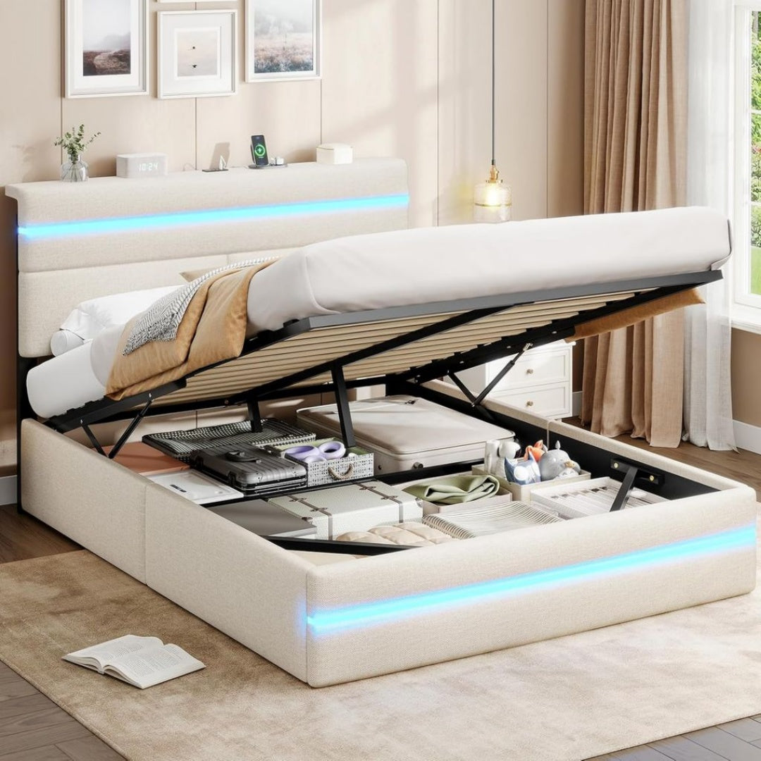 Lin Beige, Lit Coffre avec Rangement Design Moderne